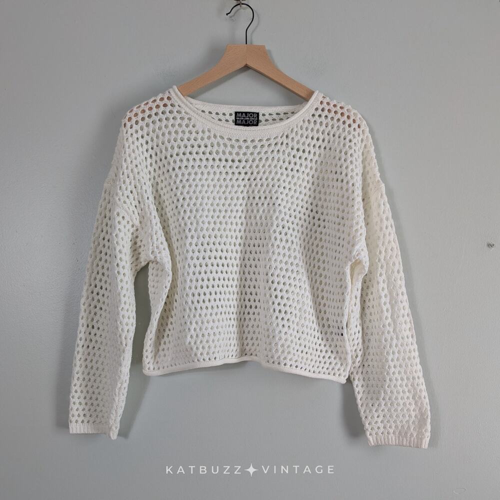 Open Knit Sweater L Off White Short Rolled Collar Boho Artsy Preppy Layering